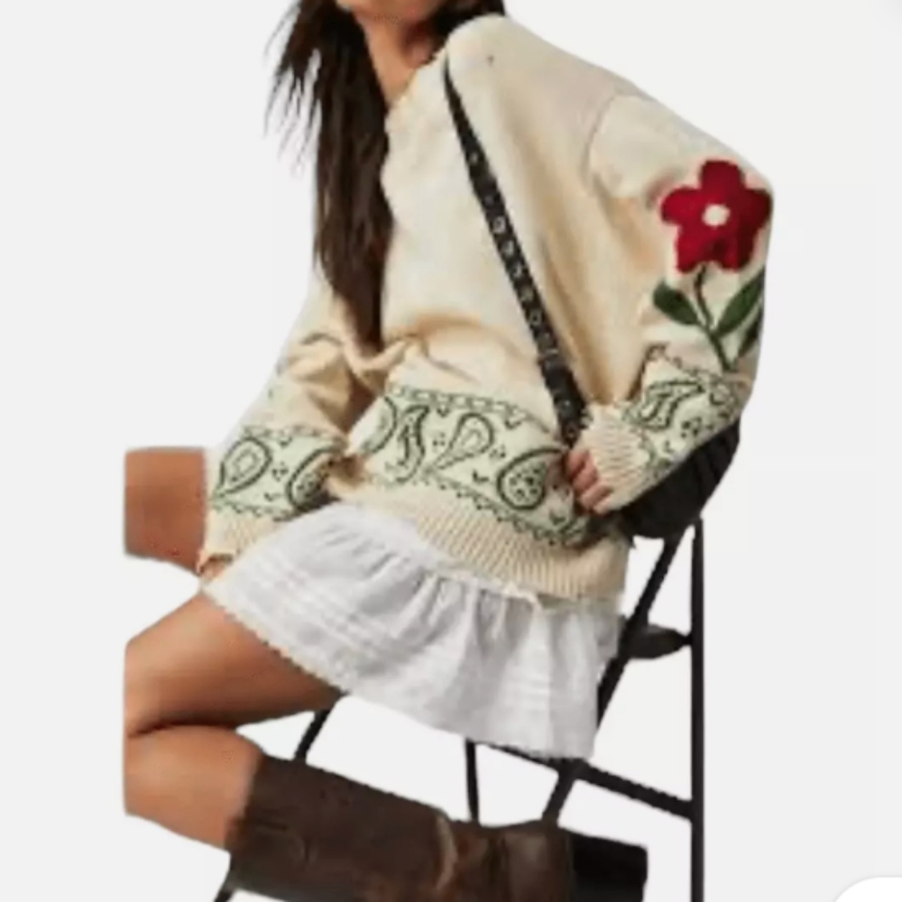 Free People Profound Floral Knit Paisley Distressed Sweater